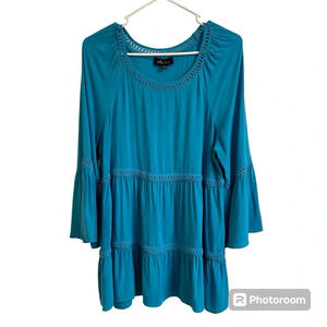 Melissa Paige Womens Lg Blue Bohemian Top Bell Sleeve Pullover Tiered Crochet